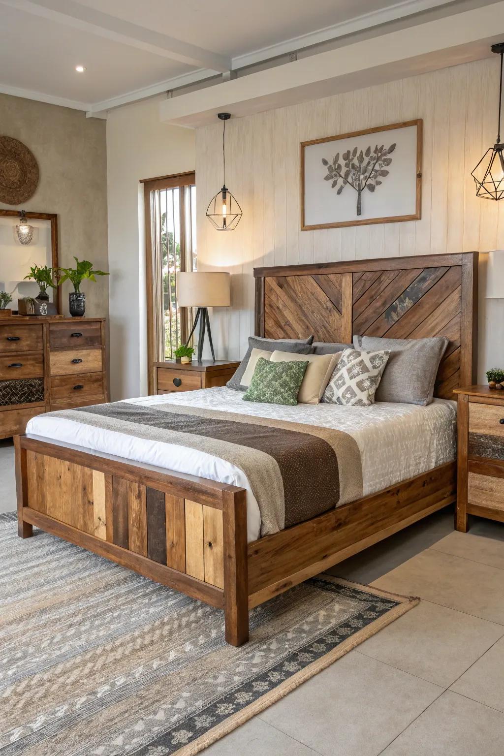 A selection of wood tones provides character to this wooden bed.