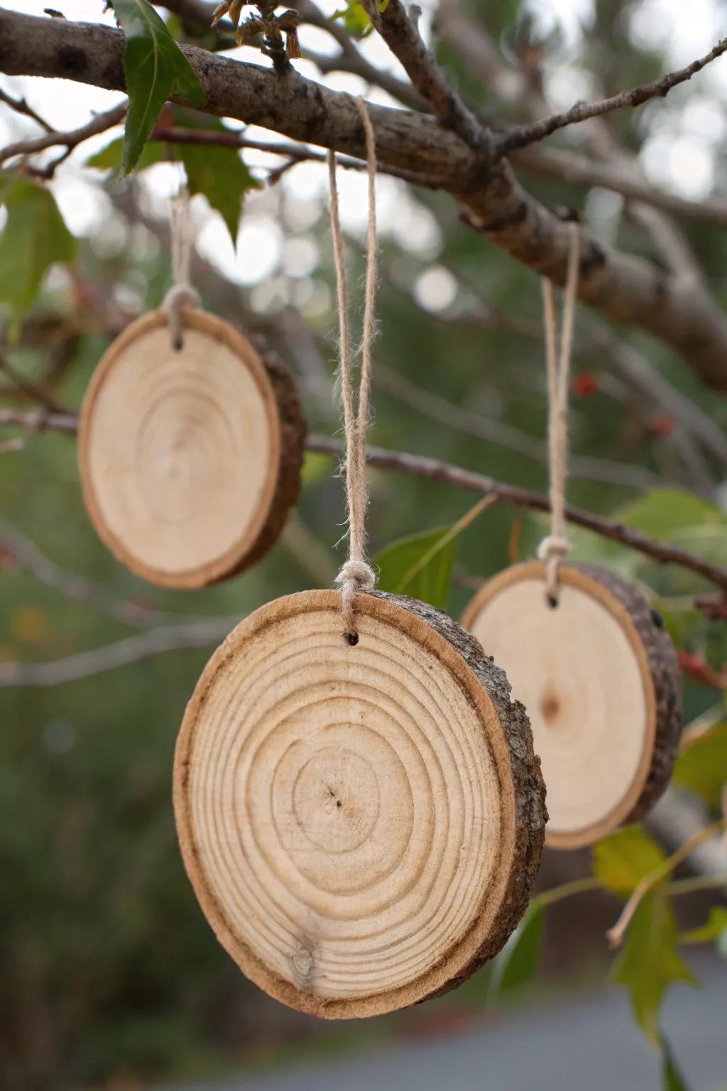 The beauty of the wood shines in these simple wooden ornaments.