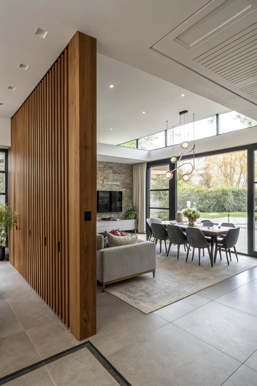 Wood screens elegantly define zones in an open-layout lounge.