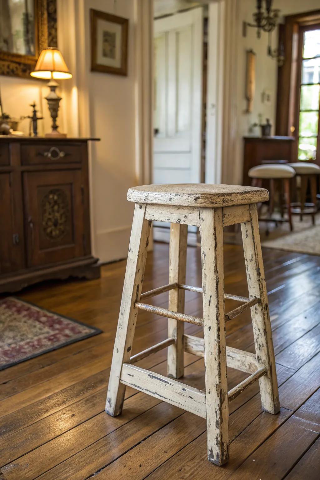 Vintage refinement shines through this gracefully distressed wooden stool.