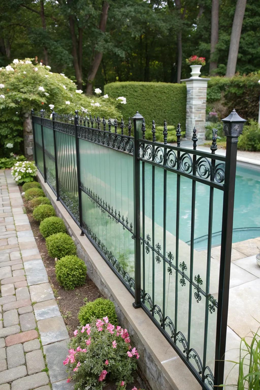 Frosted glass panels in a forged metal fence offer privacy with style.