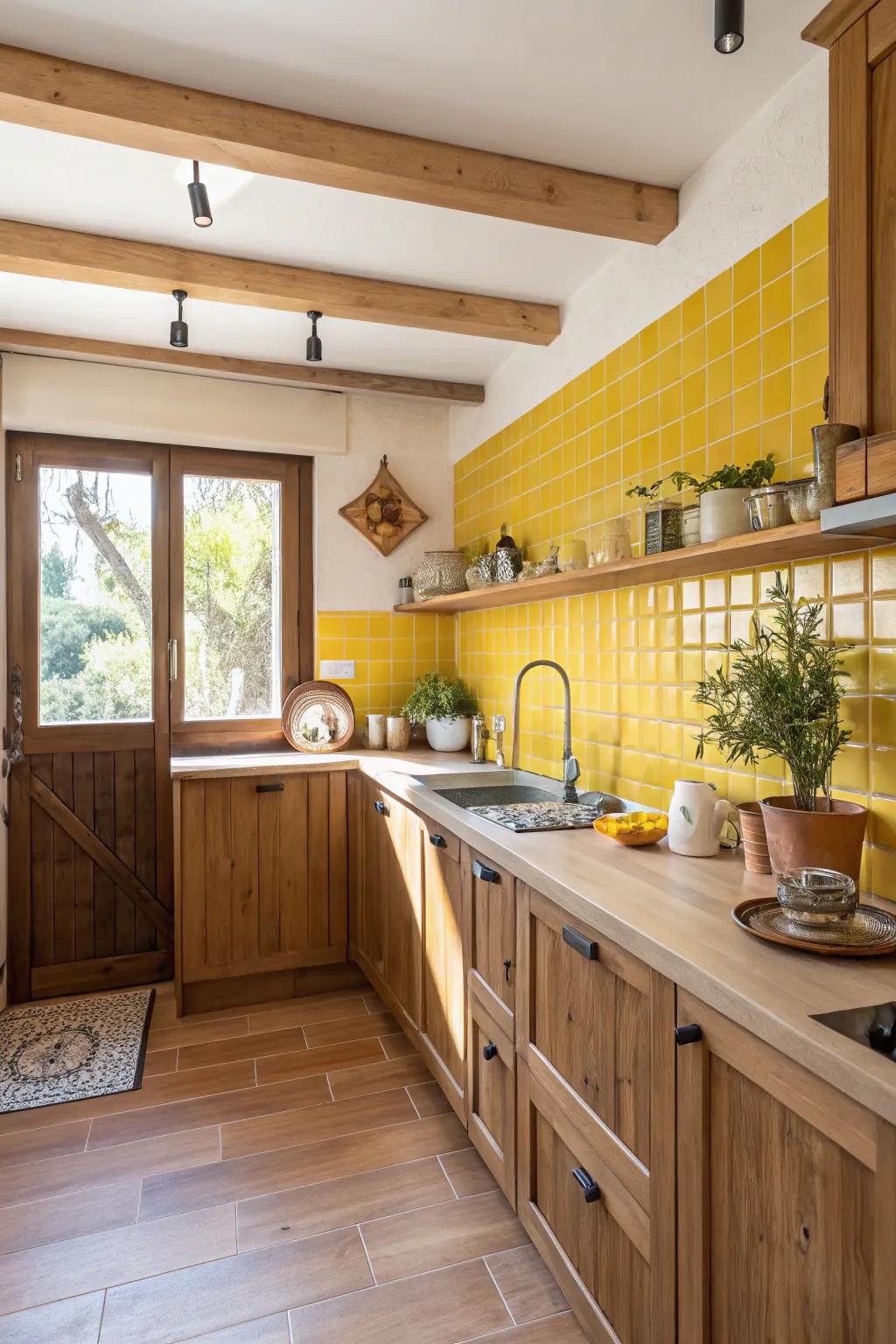 Goldenrod and wood features fashion a warm, welcoming kitchen.