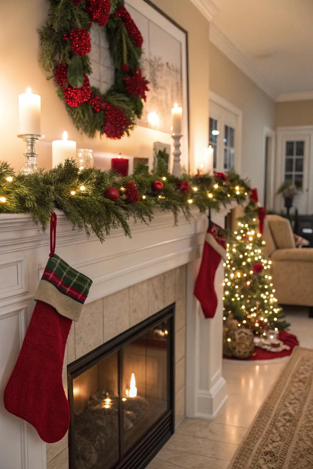 A cozy mantel adorned for the holiday season.