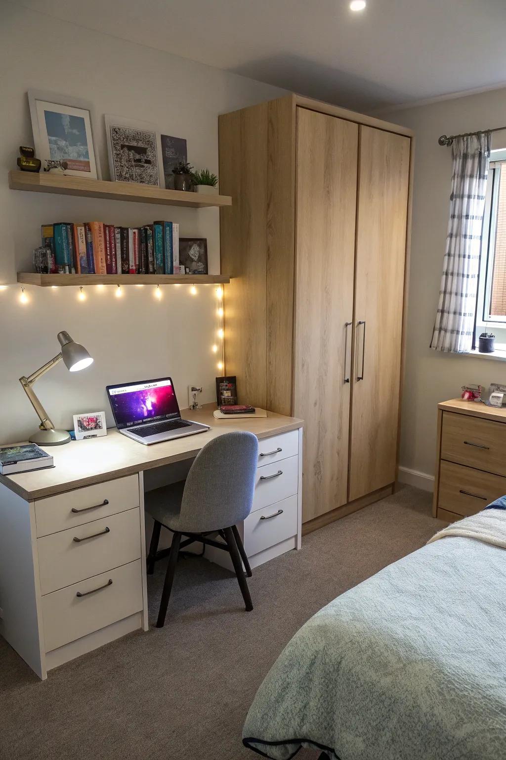 Useful furniture with ambient lighting cultivates a productive and stylish workspace.