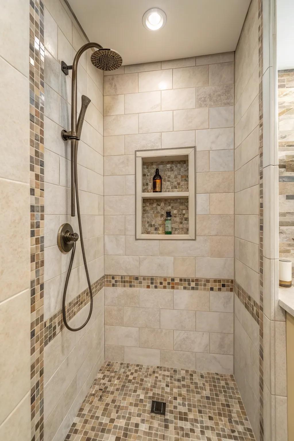 Ornamental embellishments impart dimension and spotlight key shower sections.
