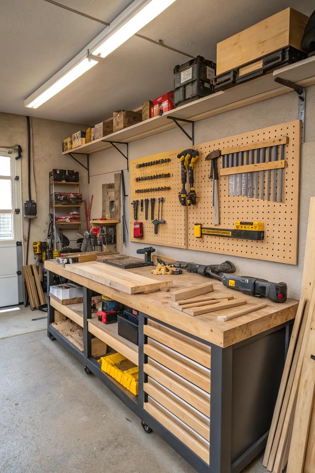 Engage in craftsmanship inside a garage space meticulously customized for woodworking ventures.
