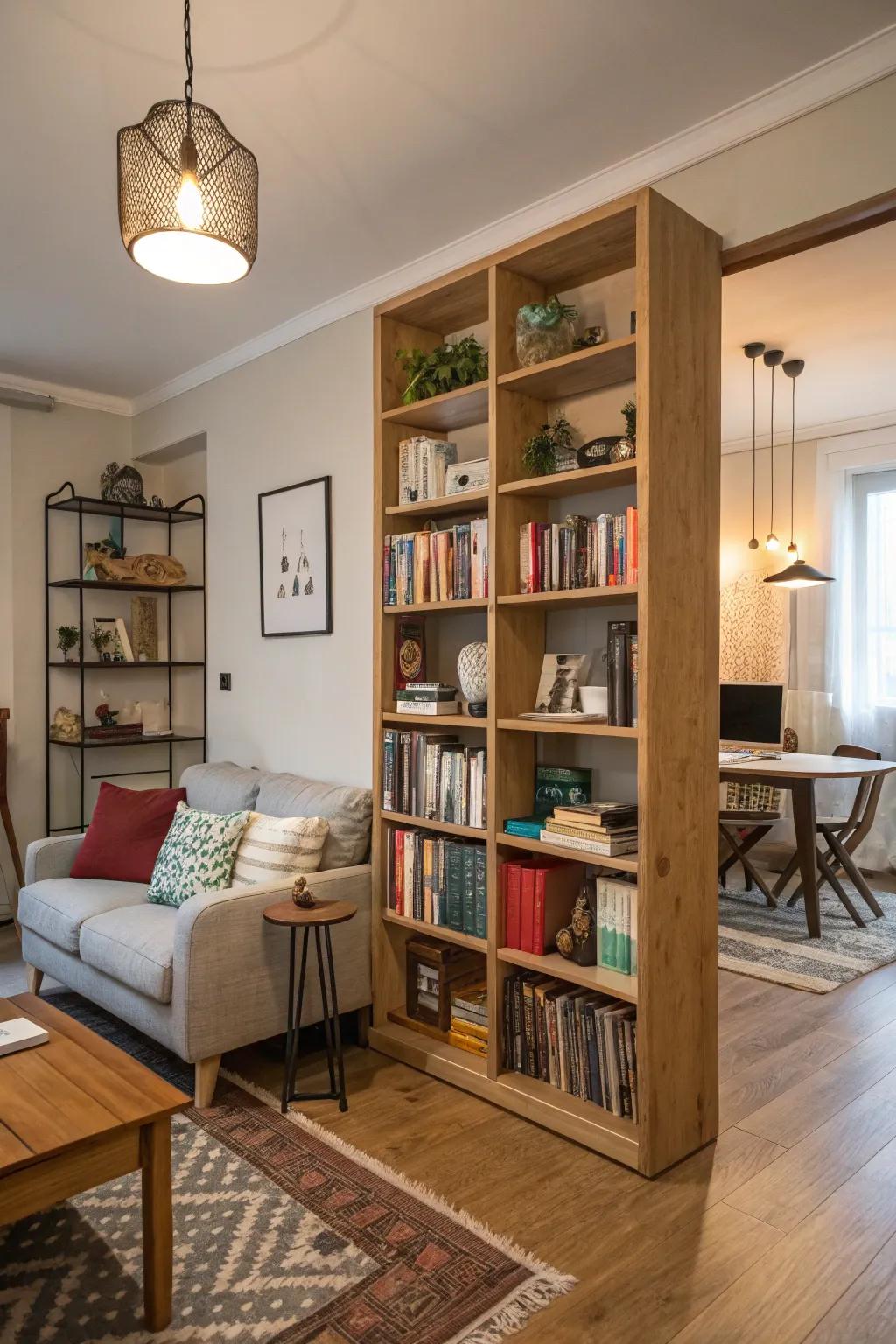 Furniture dividers establish distinct areas while offering storage