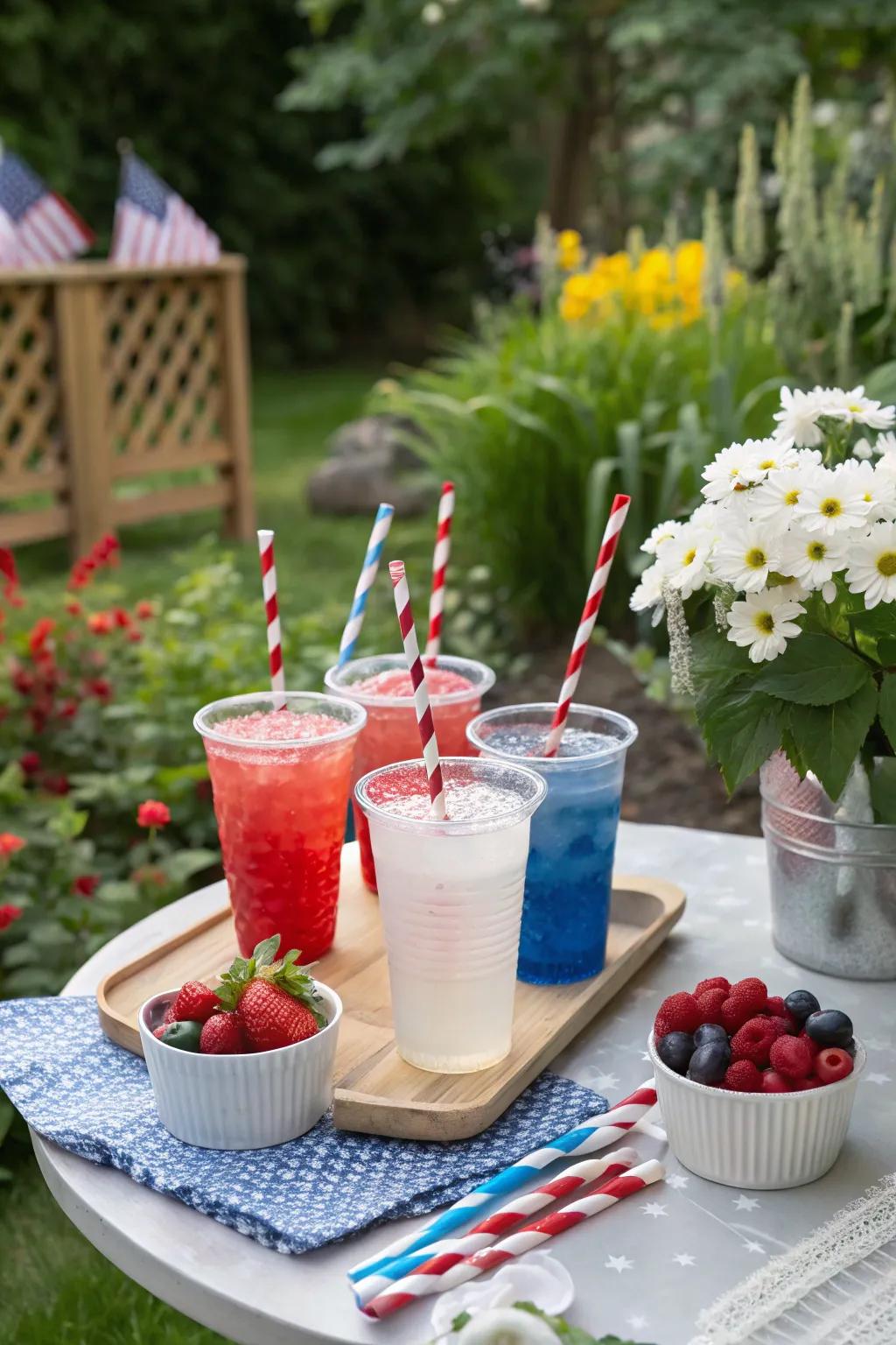 A themed drink station offers refreshing options in patriotic colors.