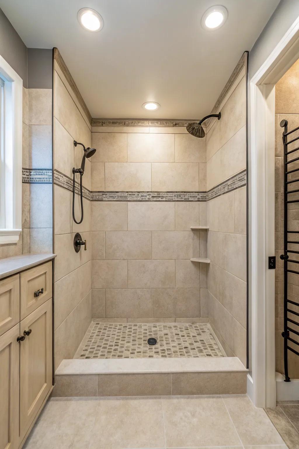 Understated colors foster a serene and spacious bathing setting.