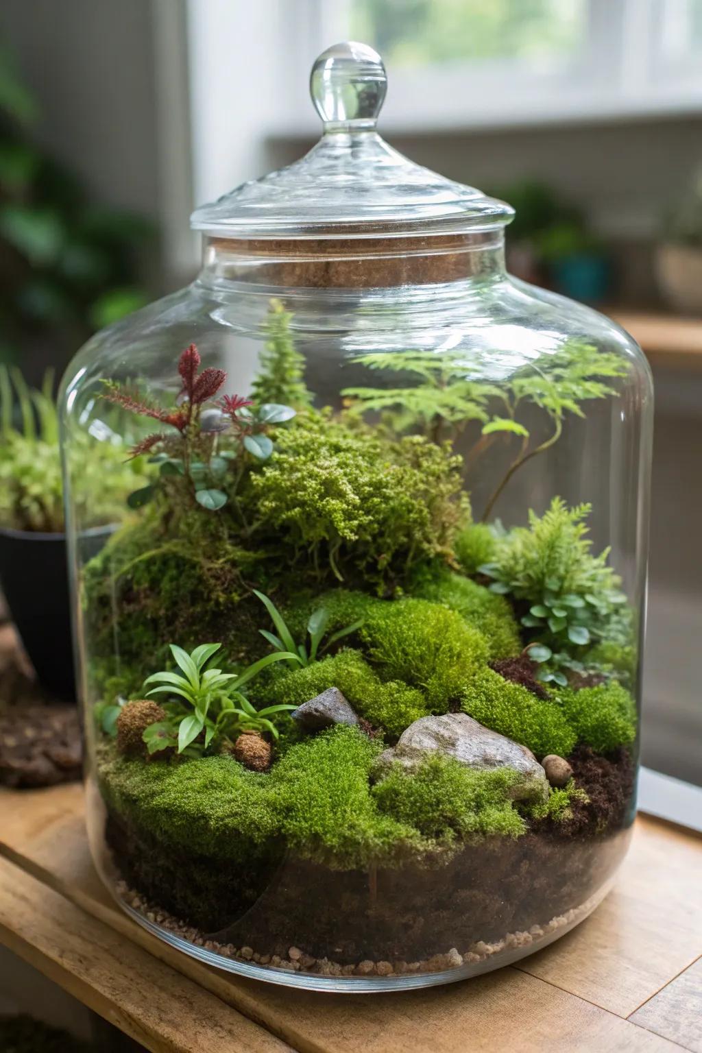 A simple yet captivating moss paradise terrarium.