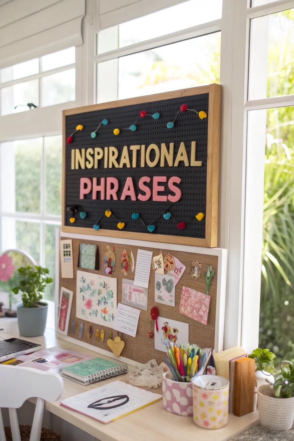 Motivational slogans on a pinboard in bold, vibrant letters.