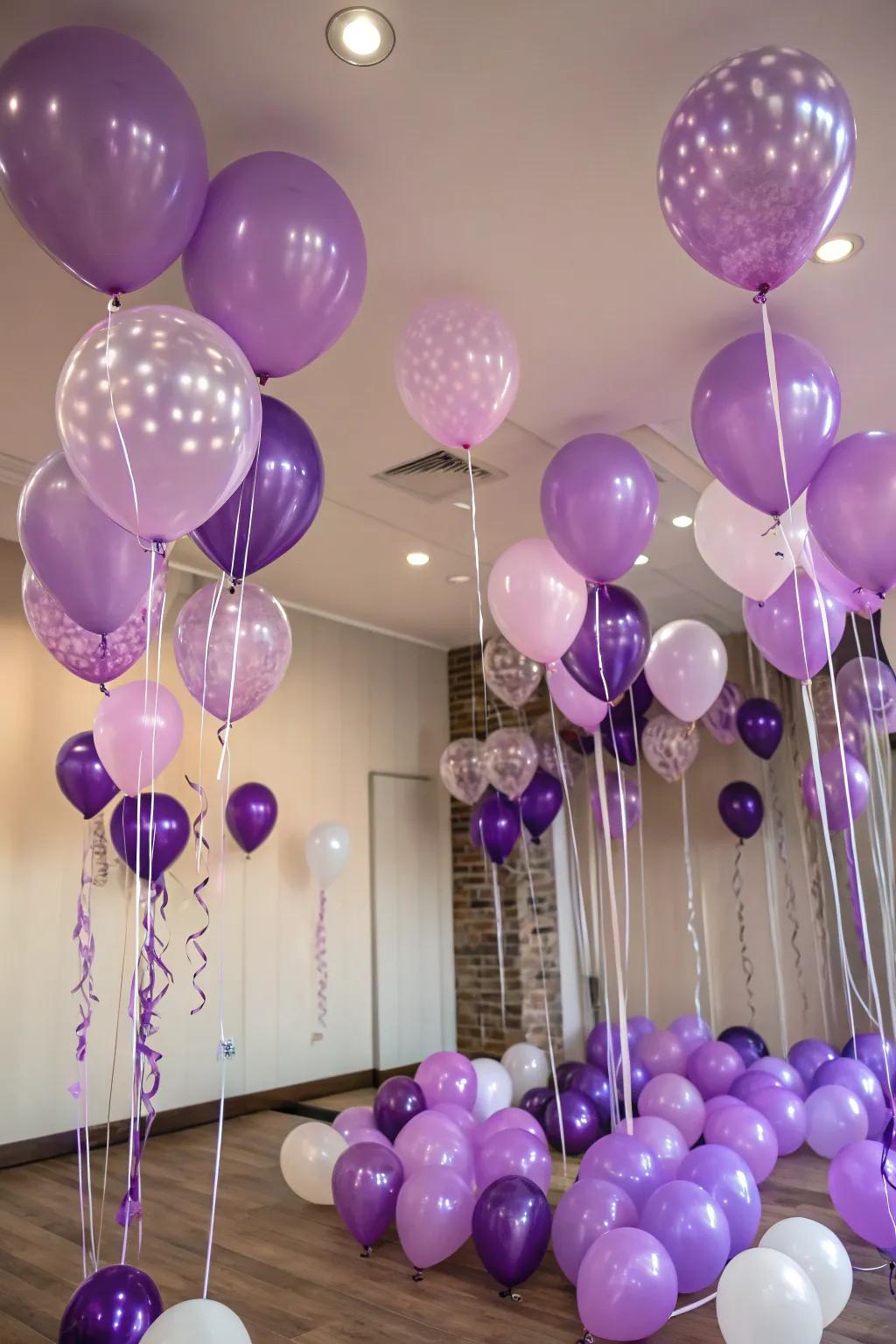 A room overflowing with inflated decorations to honor 80 years of life.