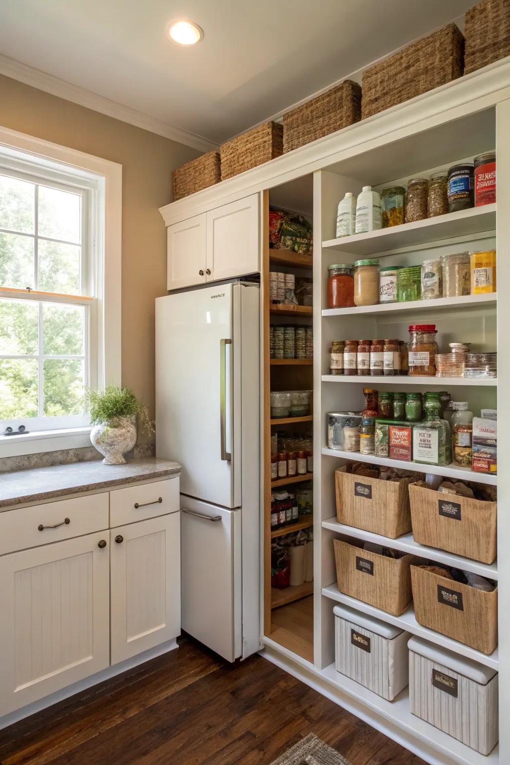 Small shelves over the refrigerator for storing pantry goods.