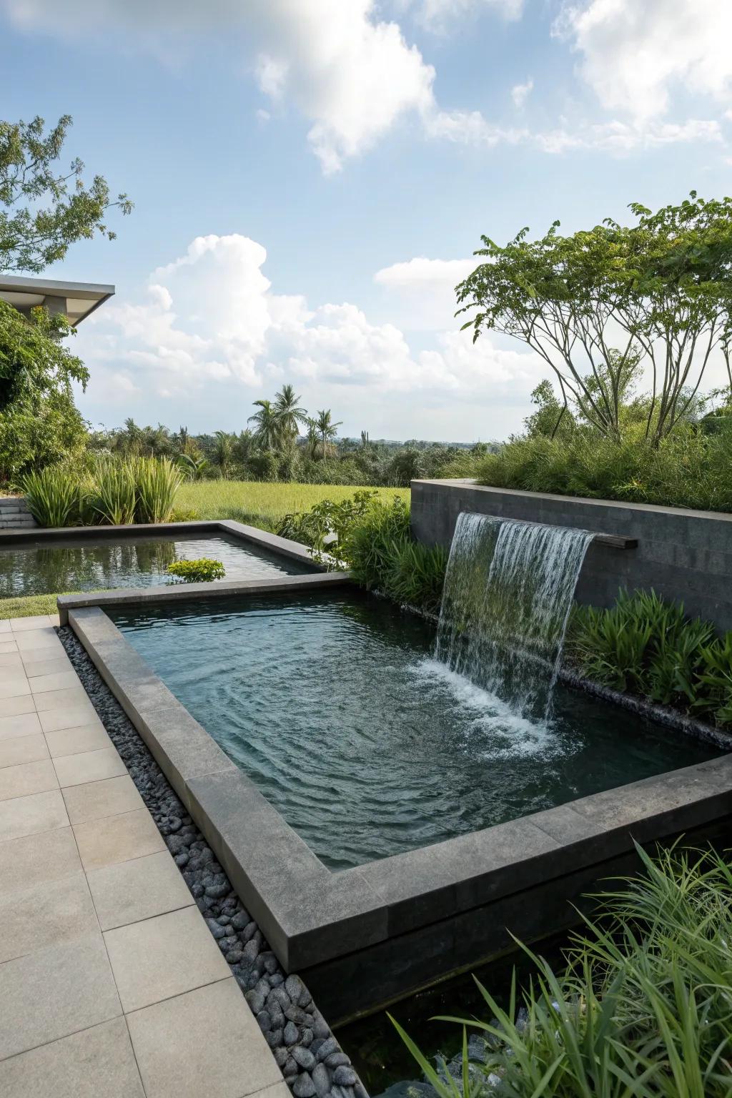 A structured geometric form adds a modern touch to this elevated pond.