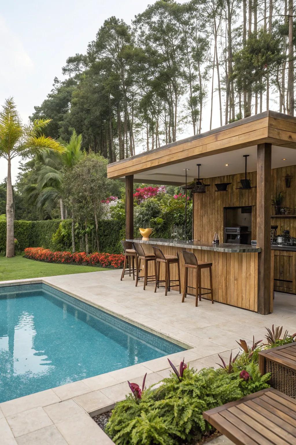 Your poolside bar gains warmth and charm from natural wood.