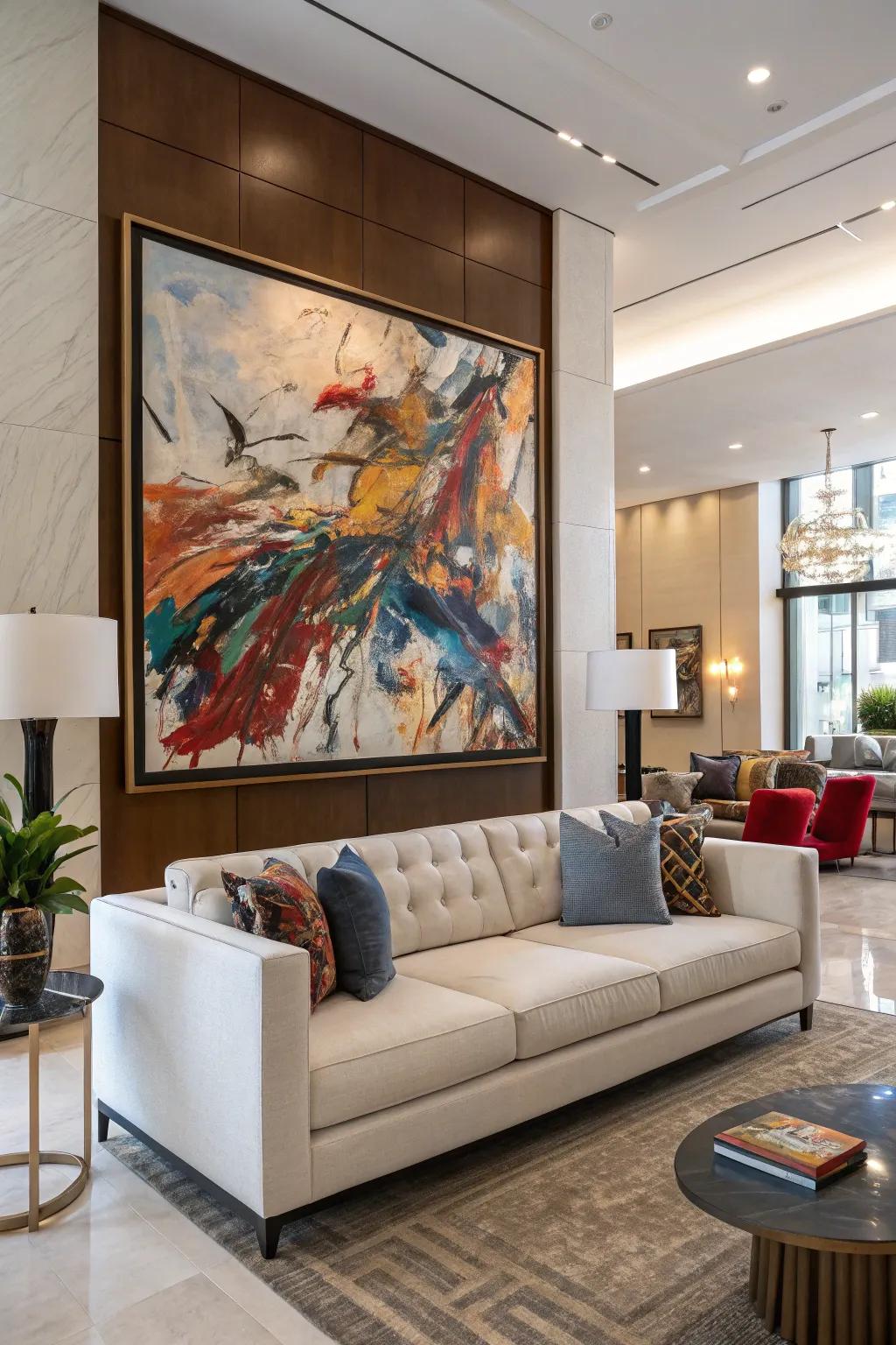 A striking point of interest above the couch anchors the living space.