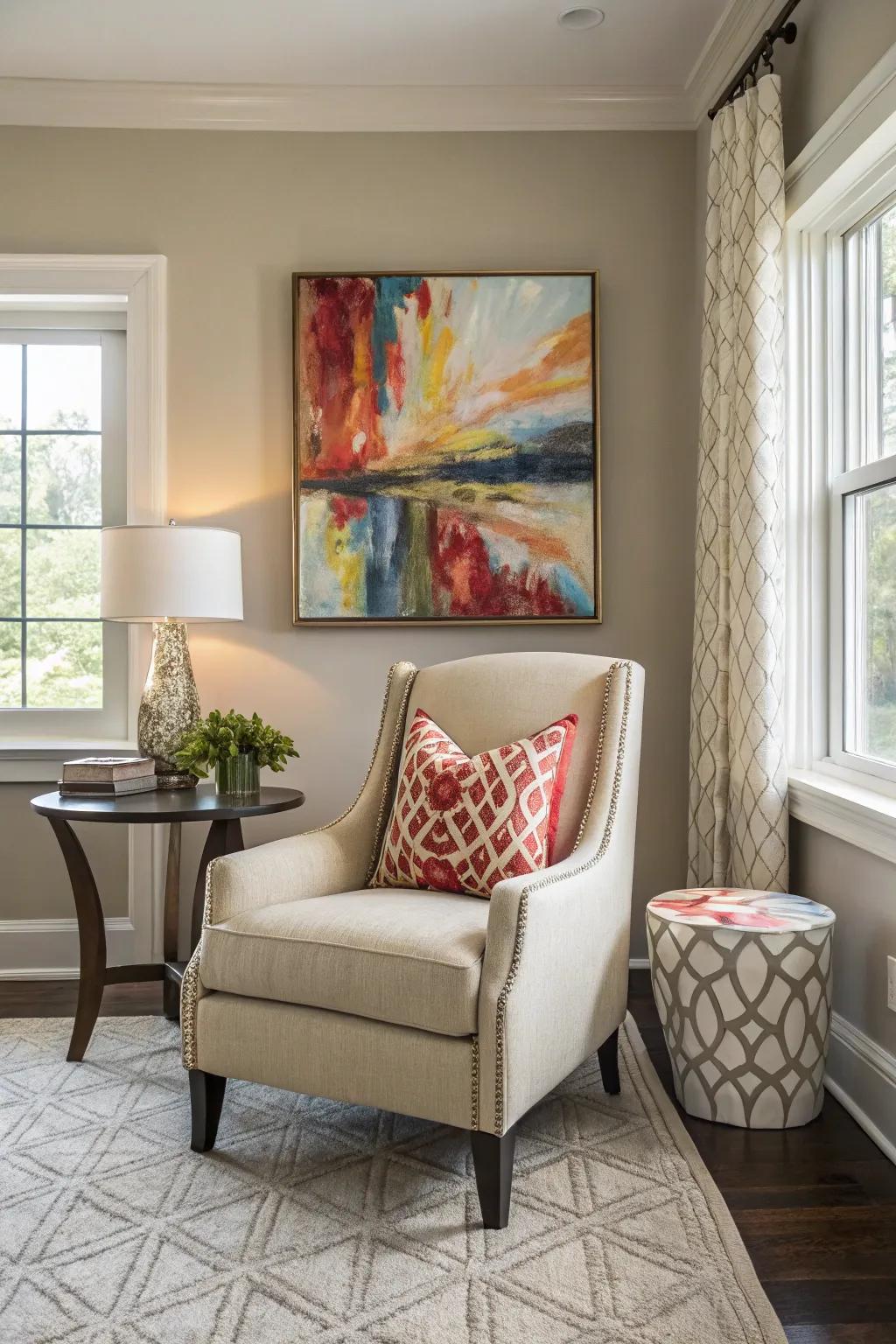 An abstract painting above an accent chair makes a mini-gallery.
