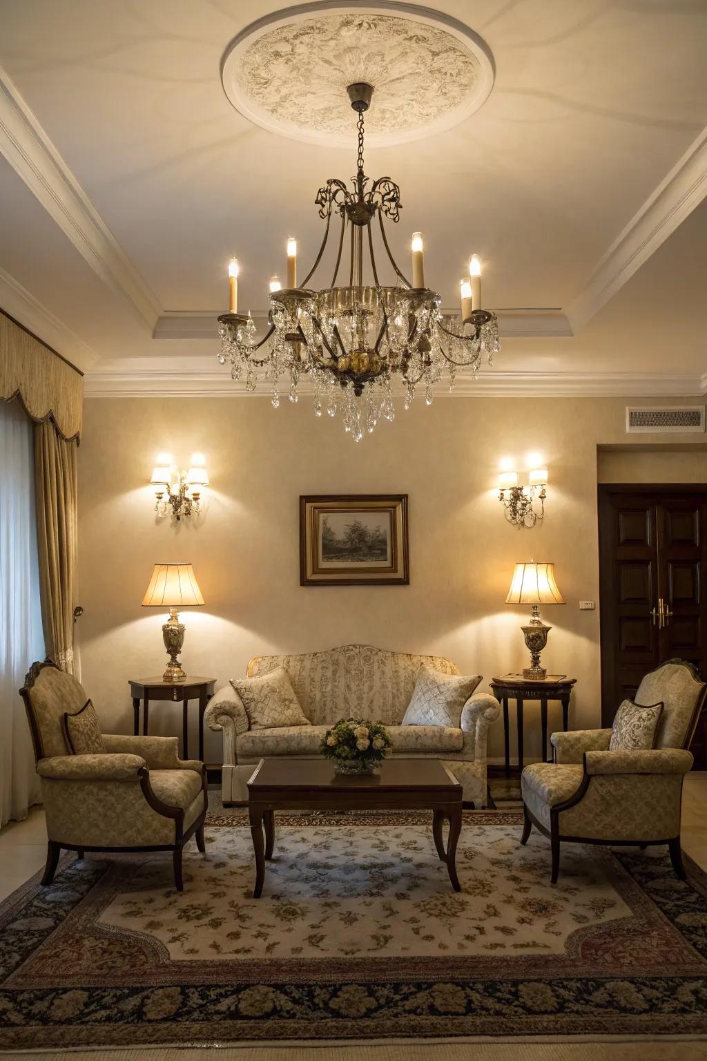 Chandeliers and lamps incorporate timeless elegance.