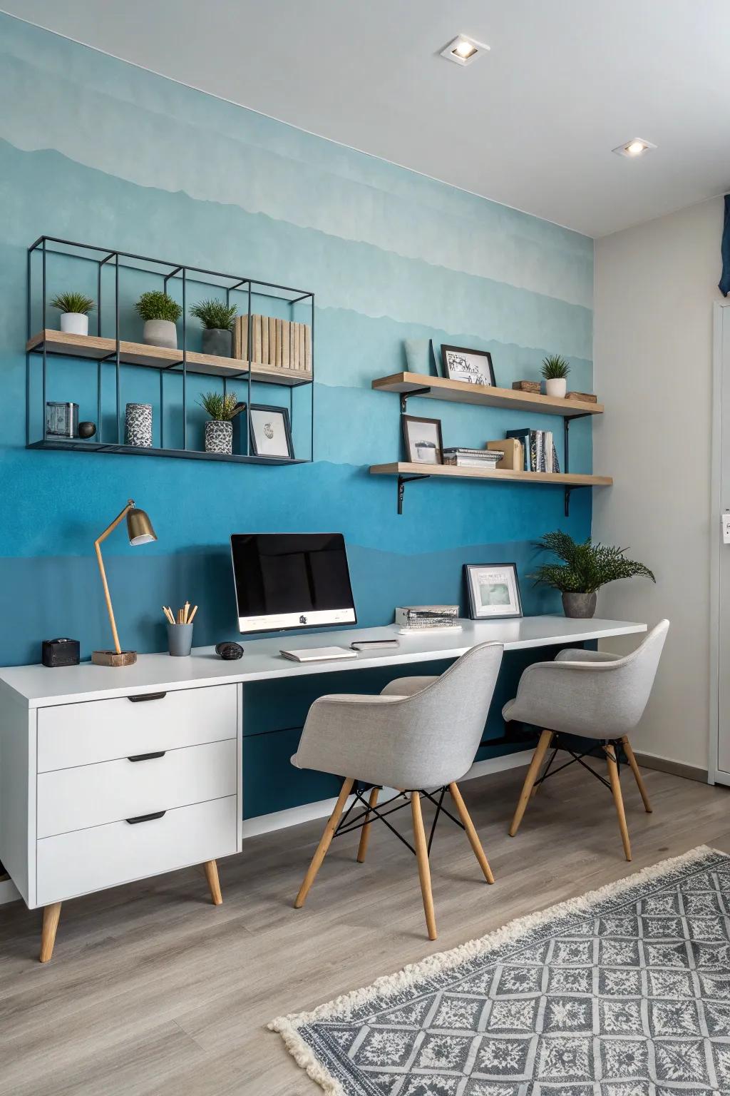 A creative workspace featuring an inspiring blended tone accent wall.