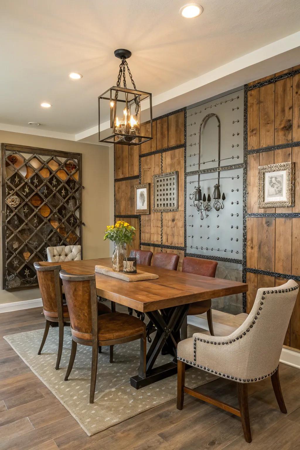 A dining space showcasing a varied assortment of timber and metal on the feature.