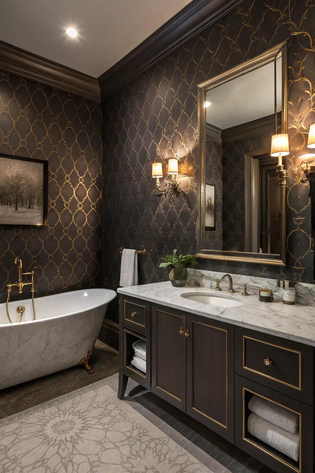 Moody wallpaper transforms the bathroom into a luxurious retreat.