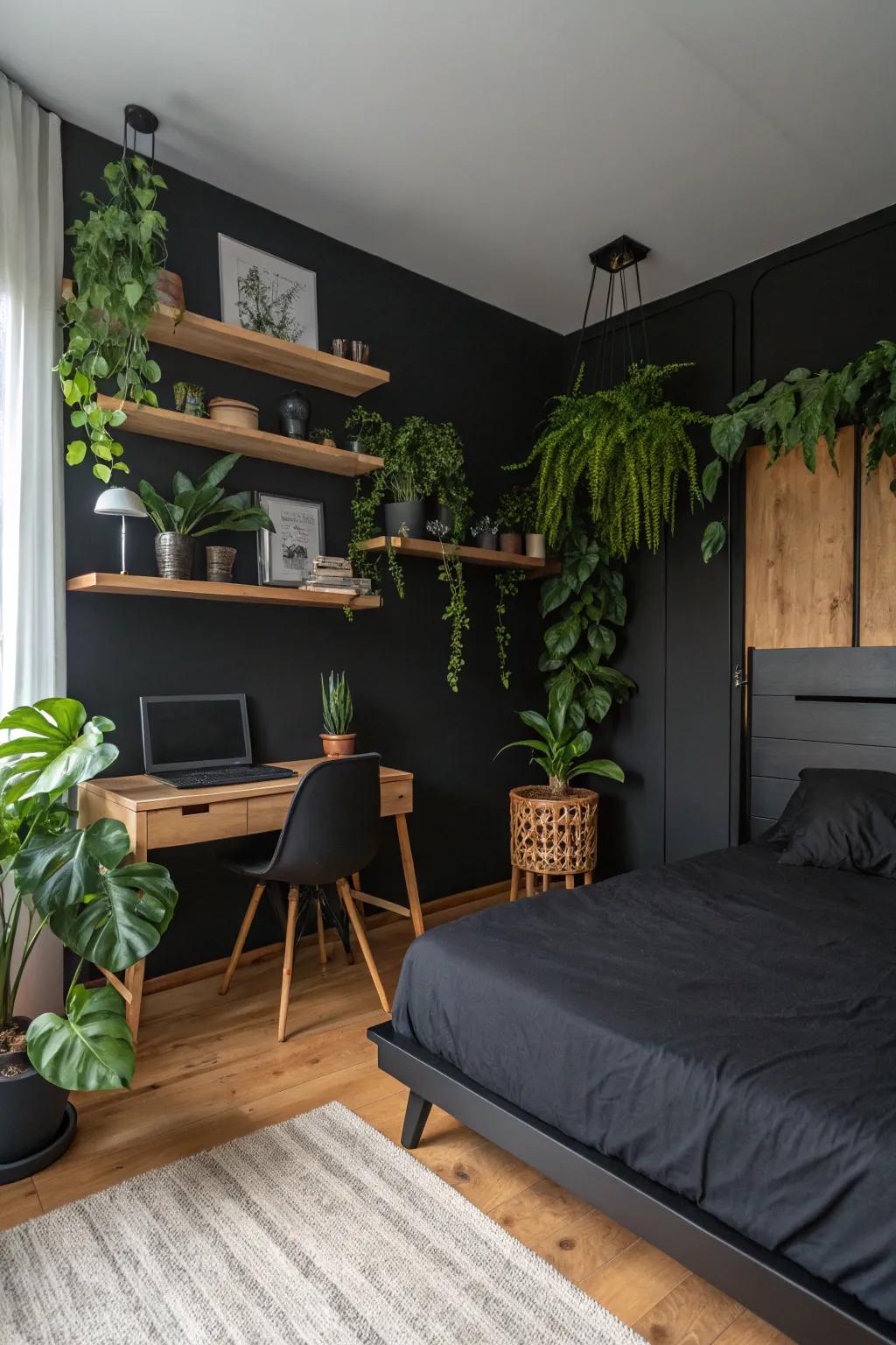 A black bedroom featuring green flora and timber details for a natural detail.