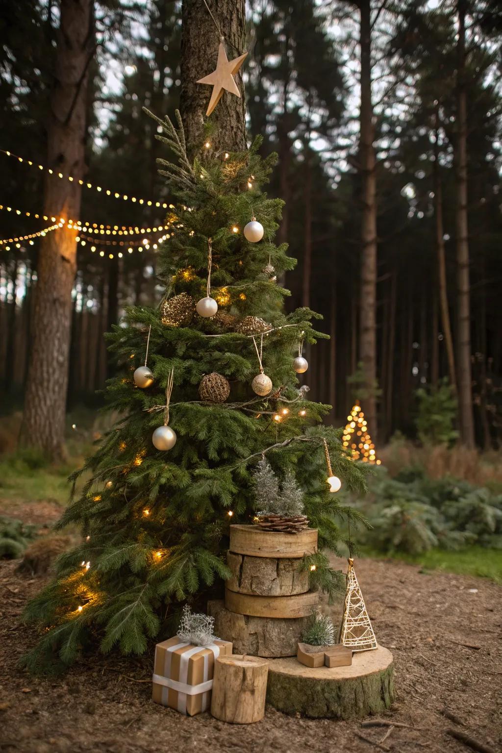 A nature-inspired Christmas tree decorated with natural wooden accents and greenery.