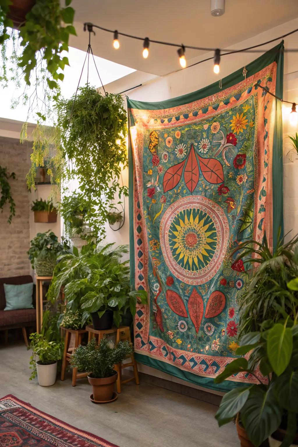 Plants breathe life into tapestry decor.