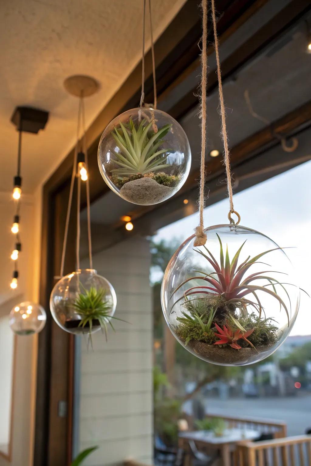 A whimsical floating garden featuring suspended glass orbs filled with air plants.