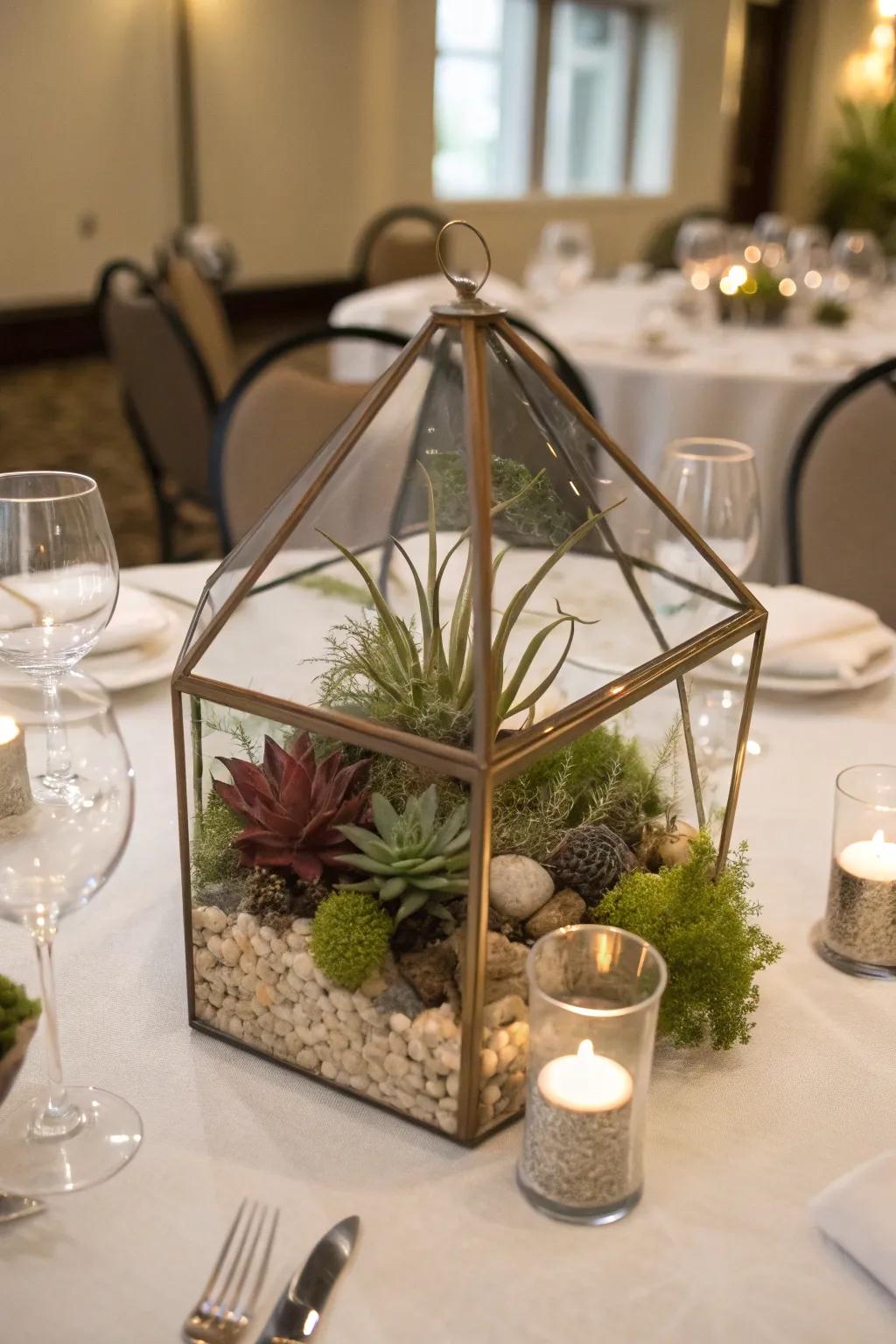 Air plants in an open terrarium centerpiece.
