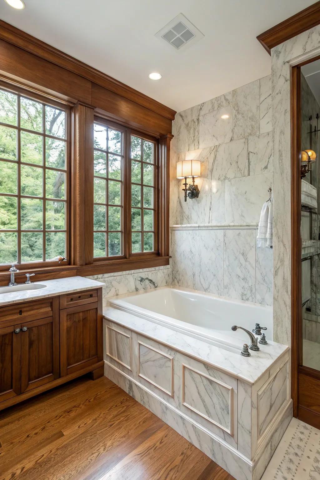 Get a classy appearance using a mix of marble and lumber.