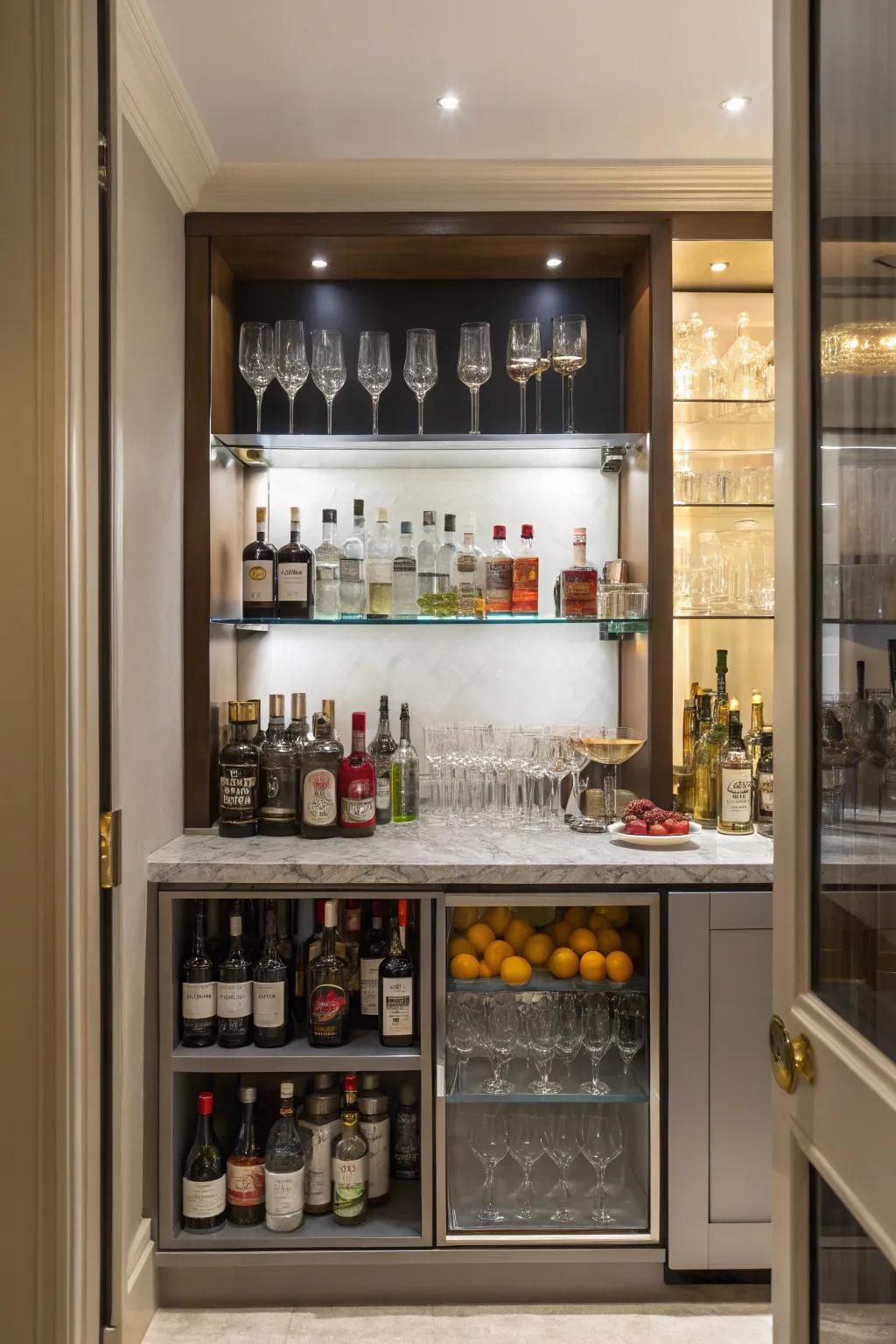 An alcove forms a stylish mini bar.