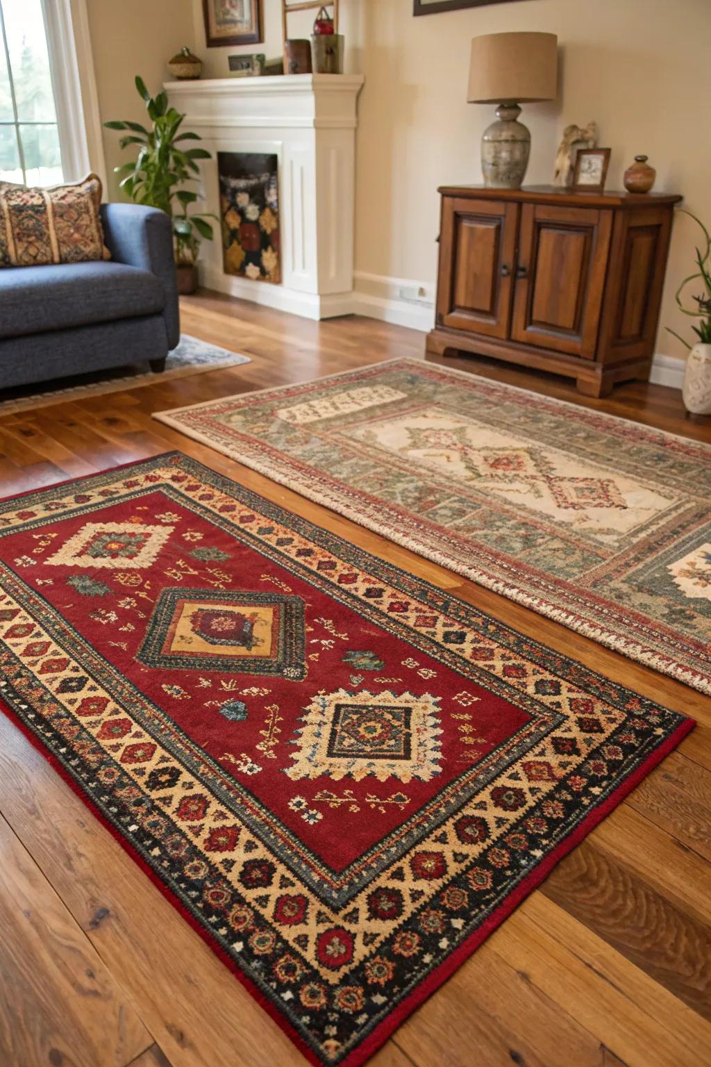 Traditional rugs introduce coziness and texture to a colonial-style space.