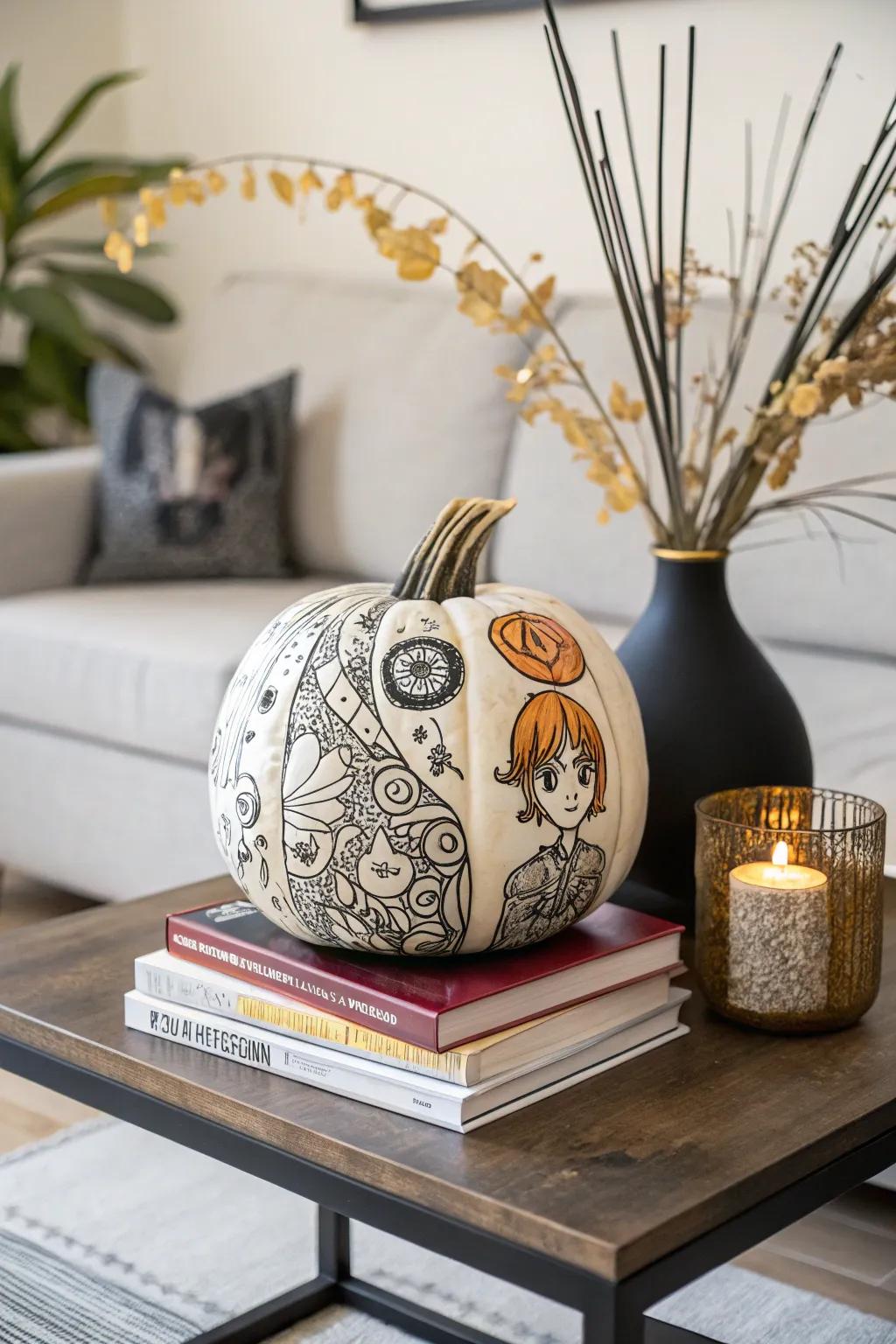 Display your artistic talent with anime-inspired compositions on pumpkins.