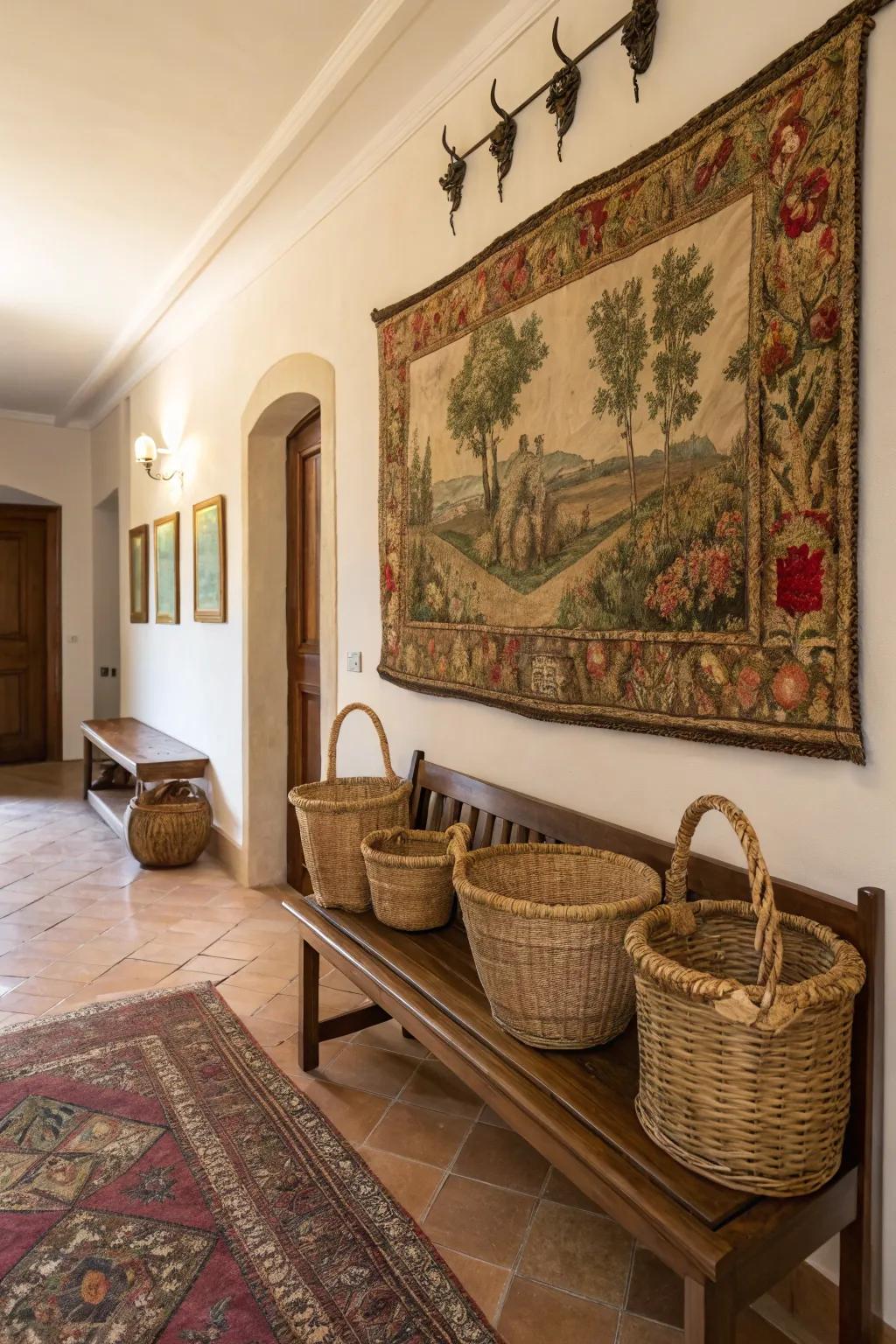 Textural assortment featuring tapestries and receptacles.