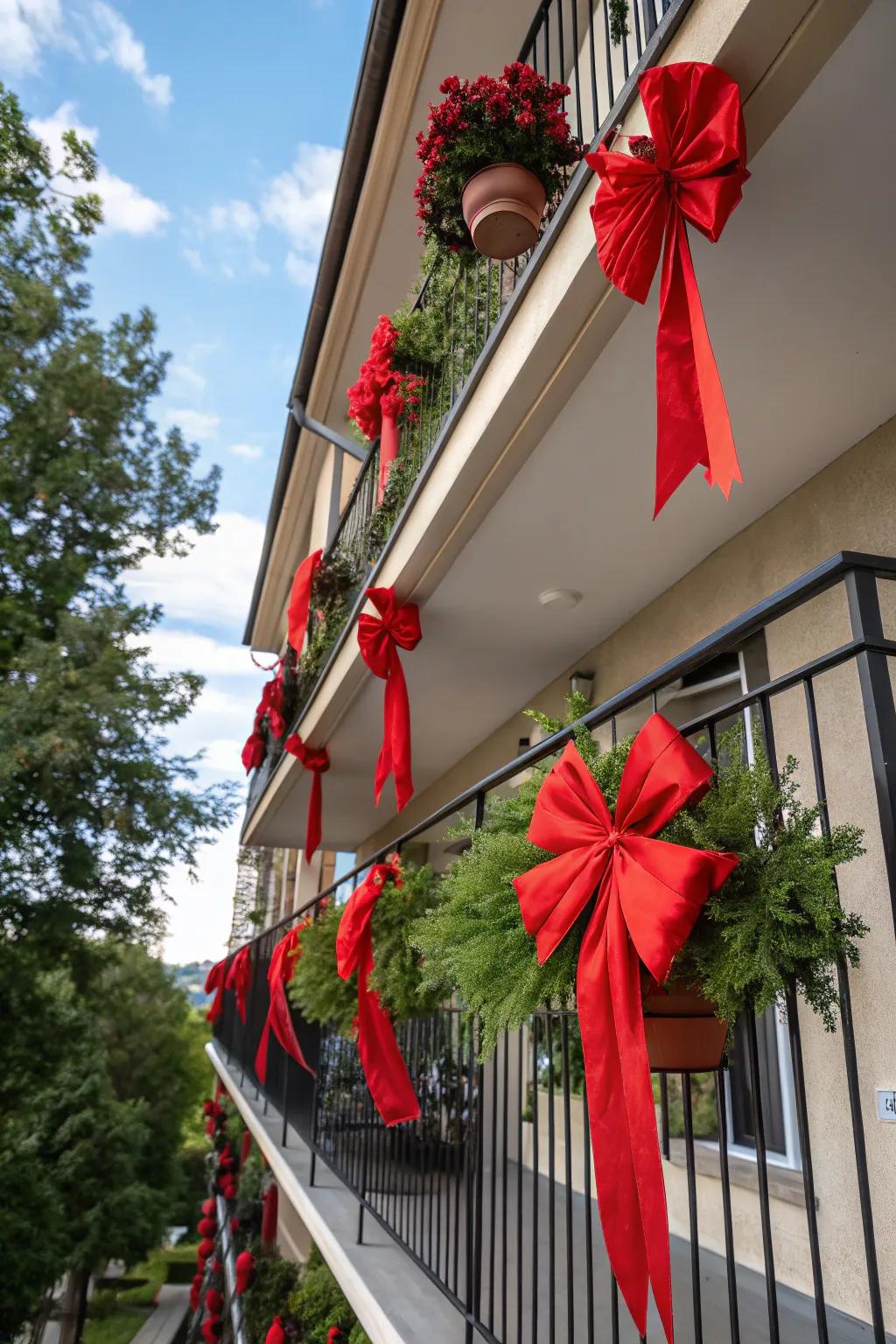 Rouge accents and streamers bring a hint of refinement to this balcony.