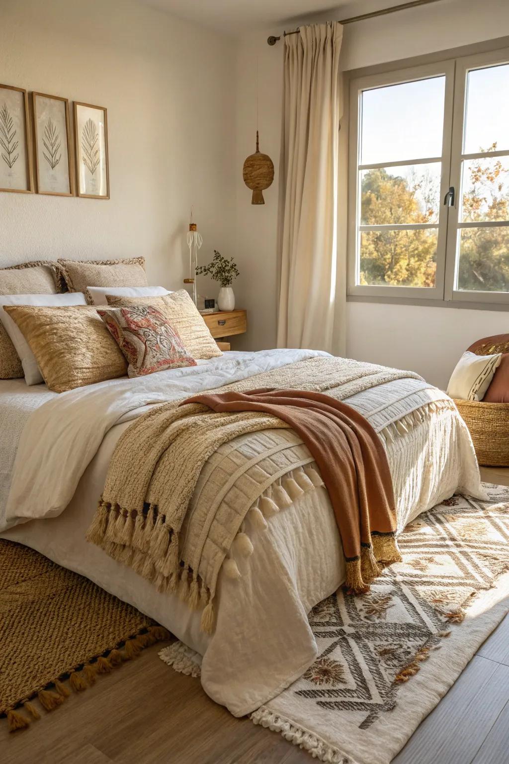 In this cozy apartment bedroom, layered fabrics are displayed in the d&eacute;cor and bedding.