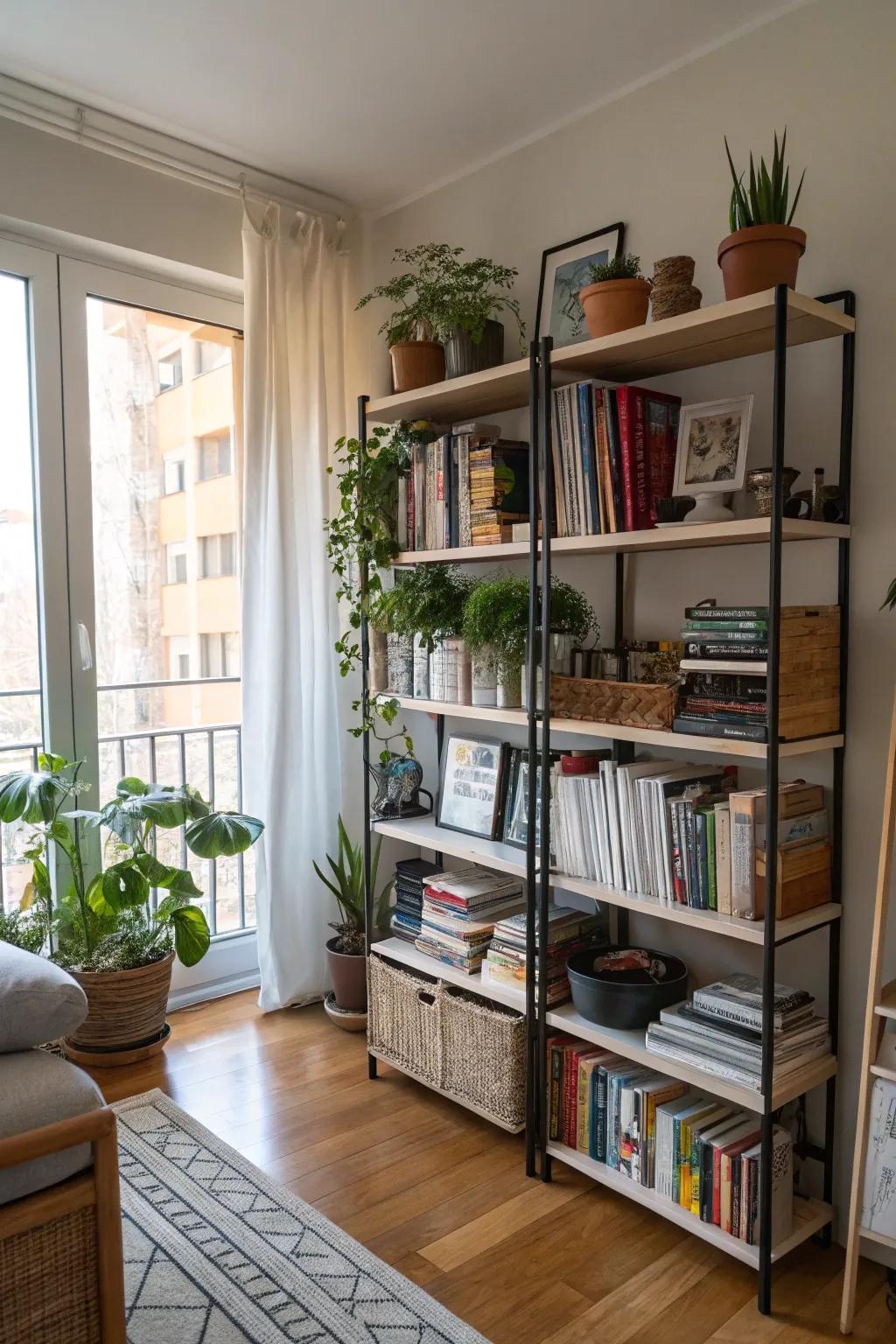 Vertical storage maximizes space.