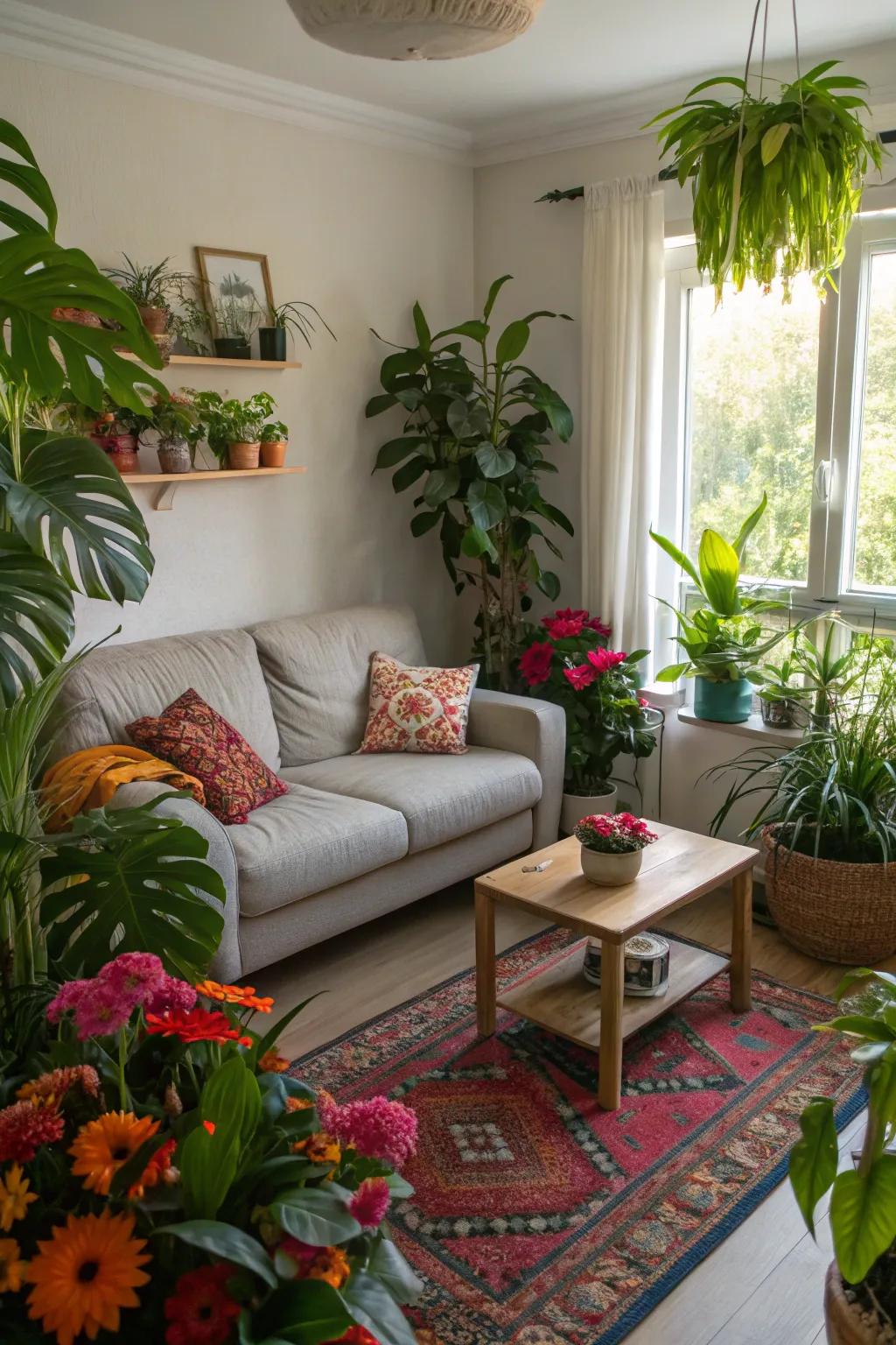 Indoor plants infuse vibrancy and freshness into this small living space.