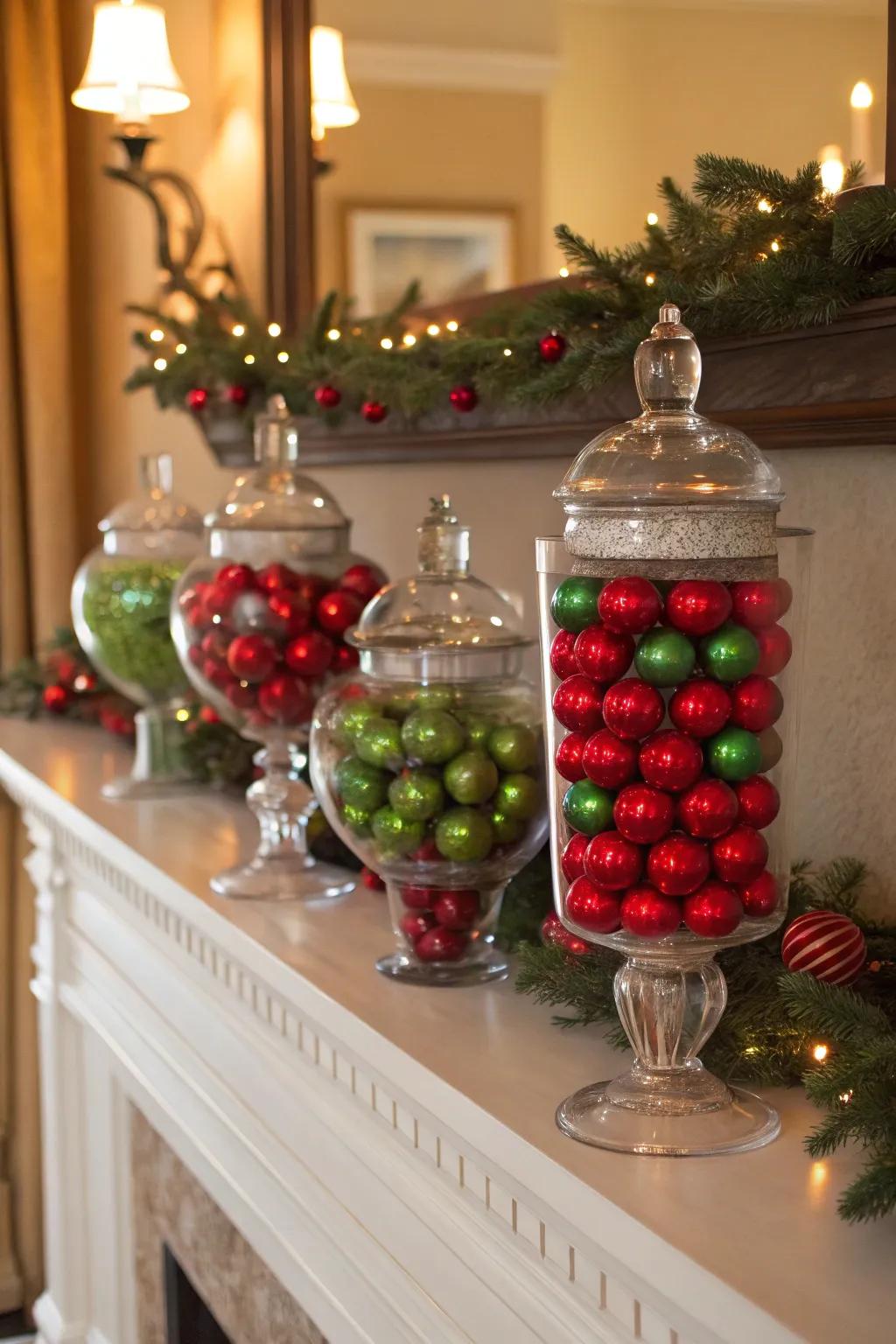 Festive vintage-inspired glass jars add a joyful touch to holiday decor.