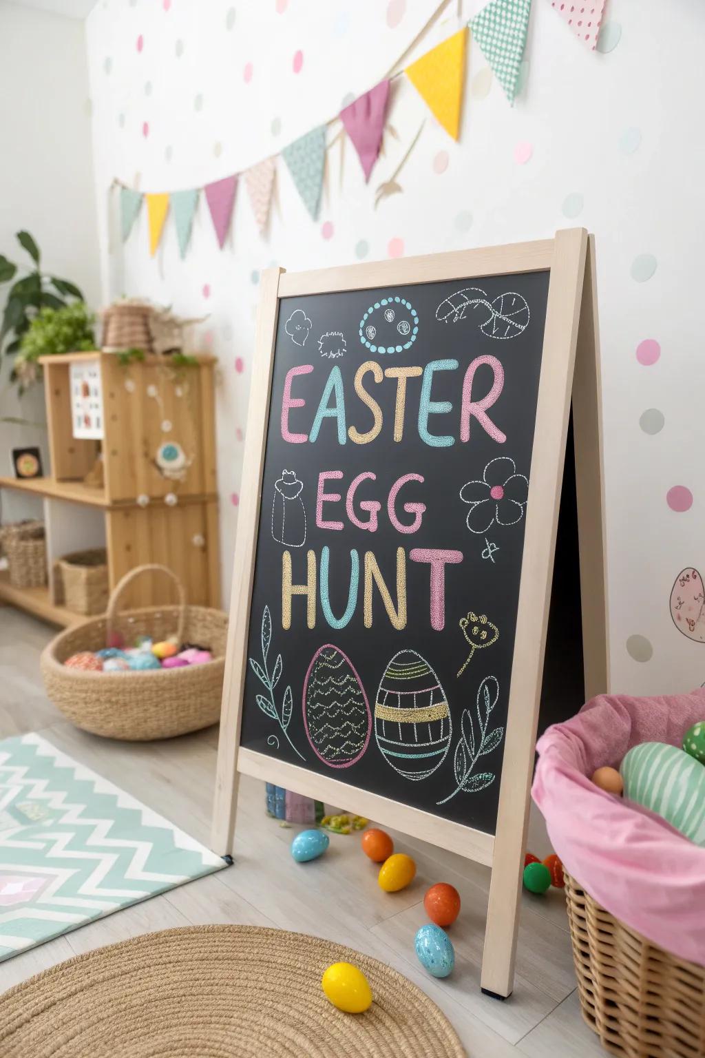 Egg hunt excitement captured in chalk.