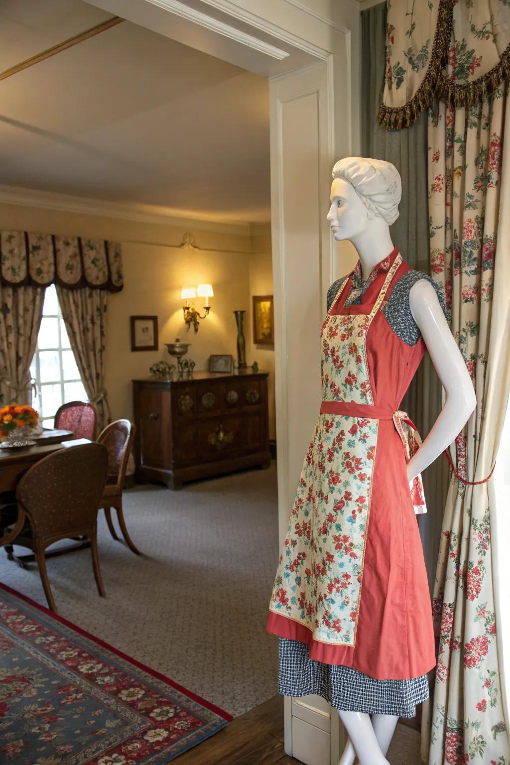 Showcase aprons on a mannequin for a boutique-esque display.