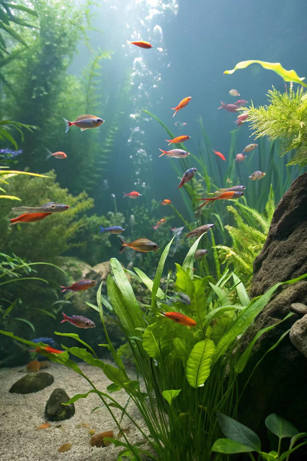 Multihued fish bring forth an evolving tableau to the aquarium setting.