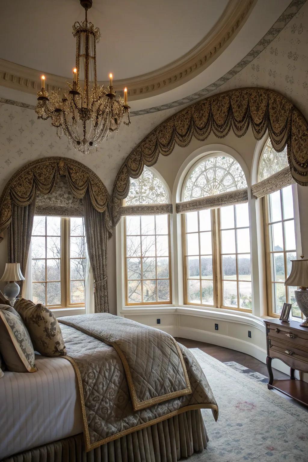 A chic bedroom graced with curved window toppers.