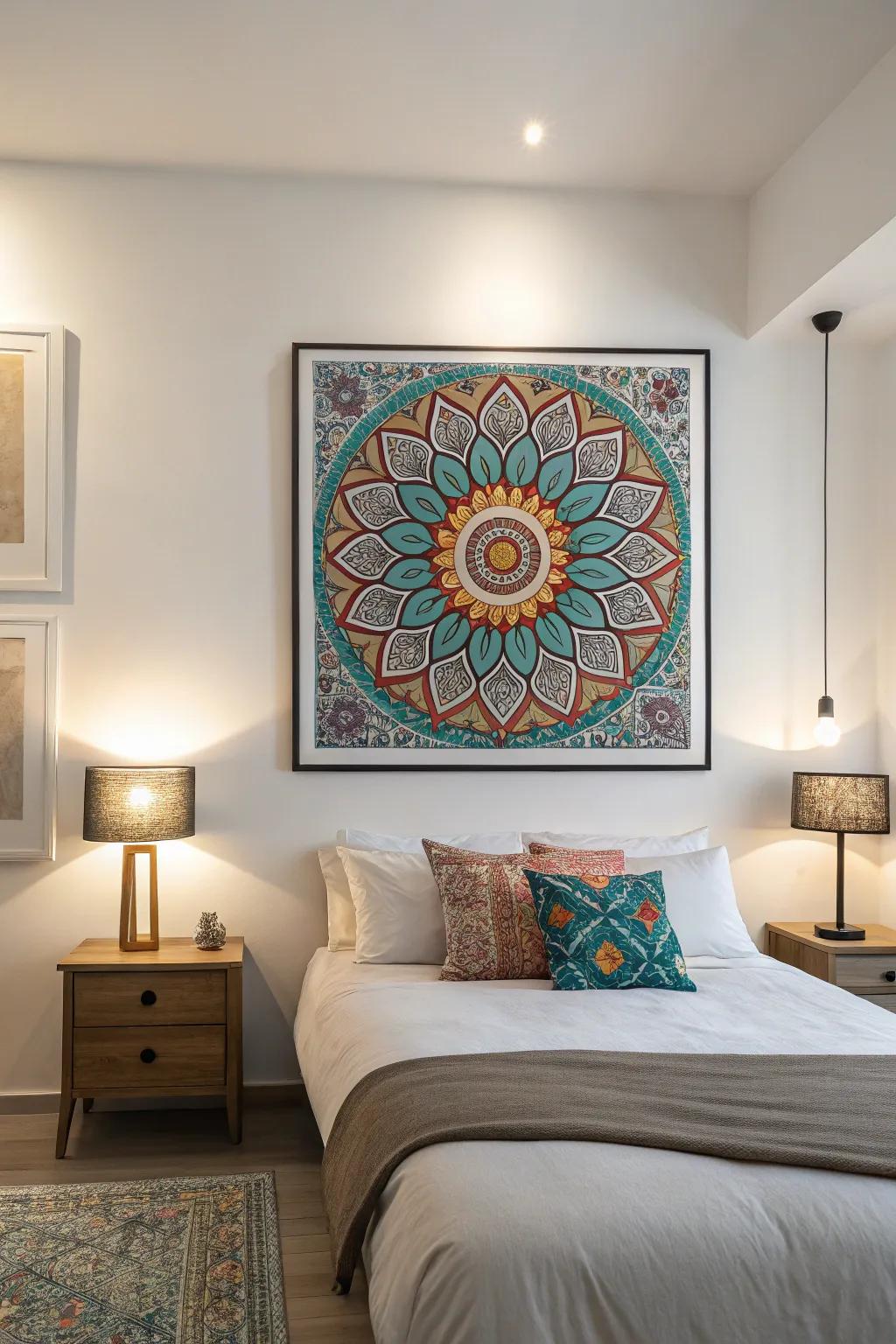 Tranquil ambiance created by symmetrical abstract artwork.
