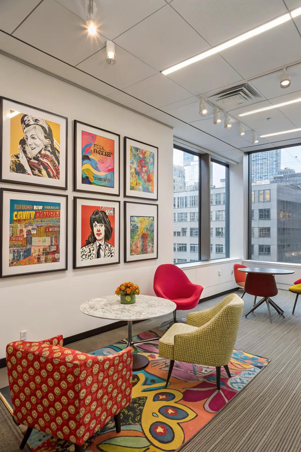 A lively contemporary art gallery wall brings a playful and energetic touch to this office space.
