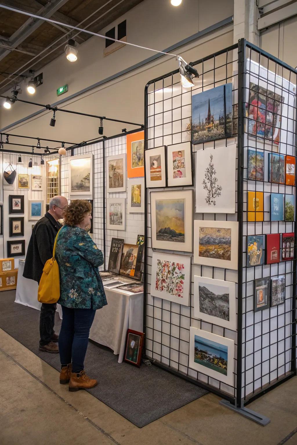 Organized mesh walls displaying a range of artworks.
