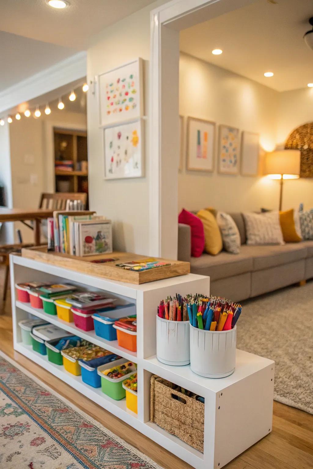 Dedicated arrangement areas for kids' art materials encourage creativity.