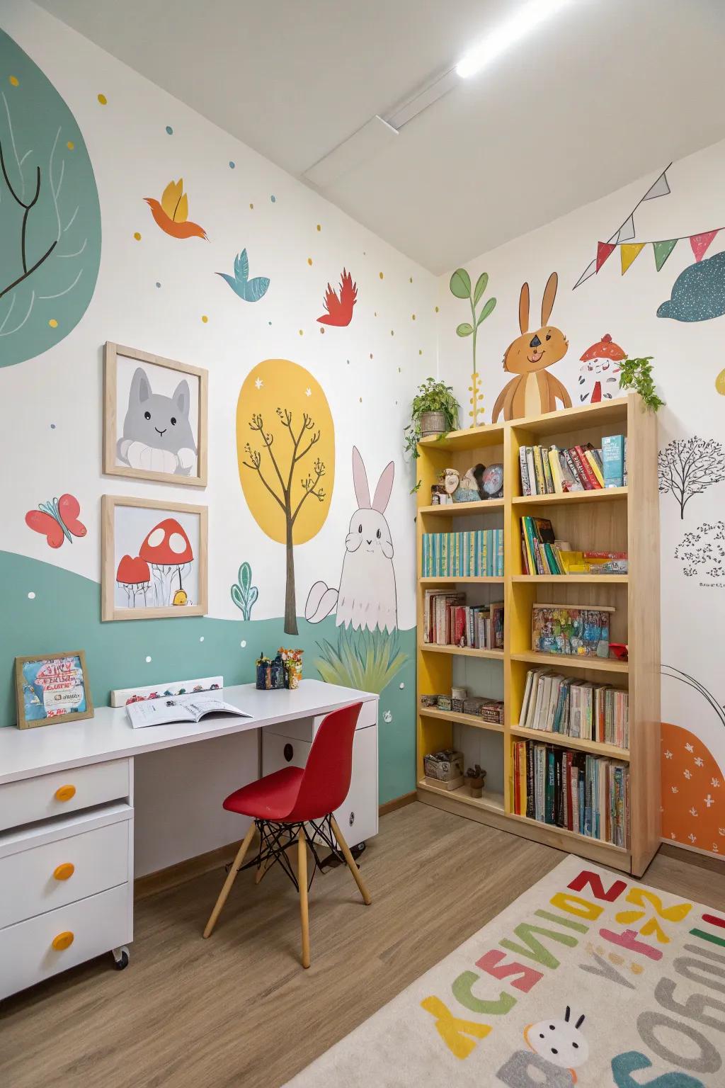 Whimsical artwork brings joy and creativity to the study room.