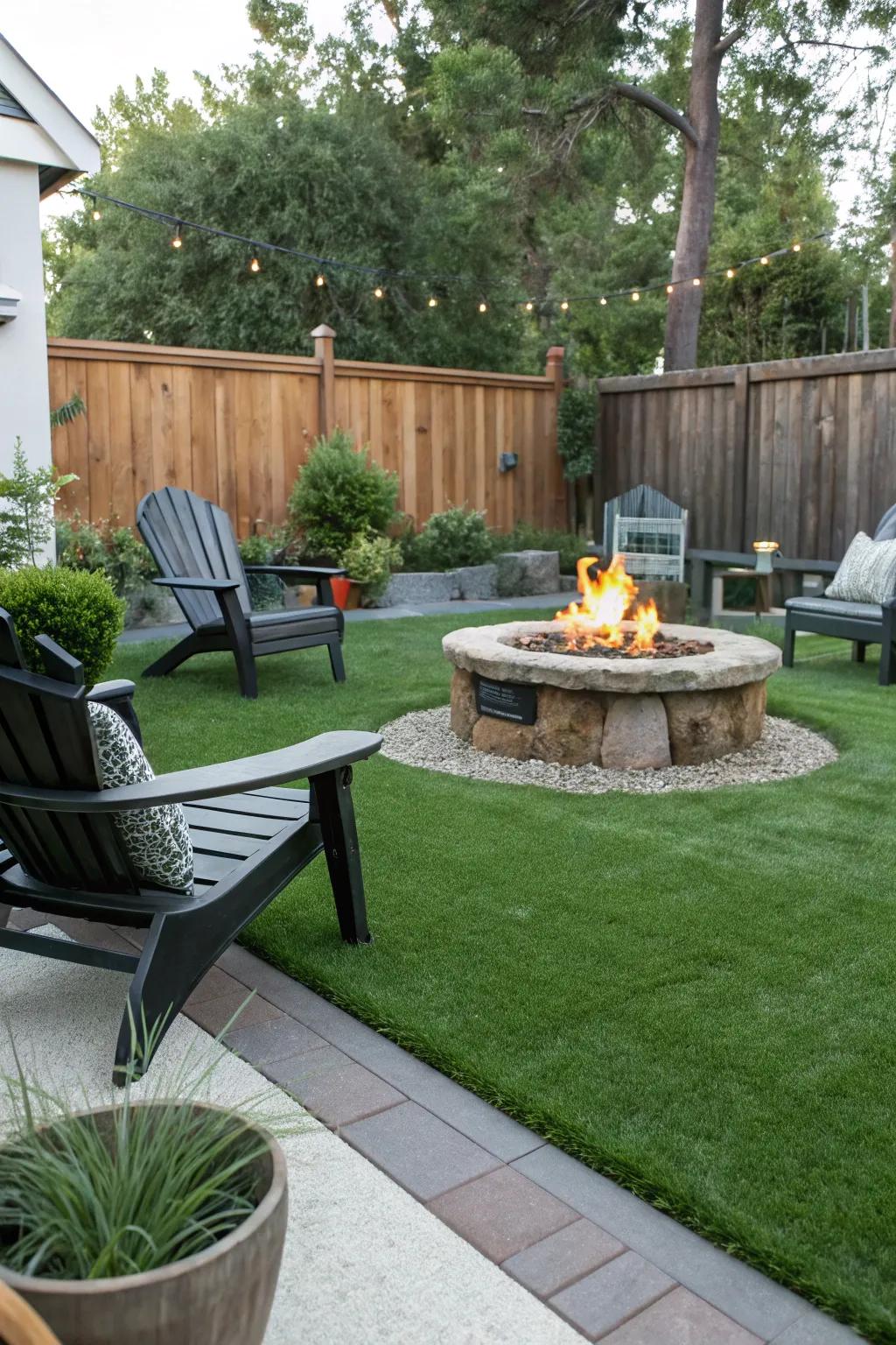 Gather around a comfortable fire pit, enhanced by verdant simulated turf beneath your feet.
